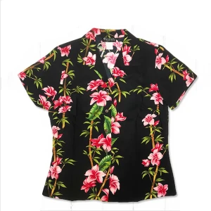 Robert J.Clancey 258-HL Bamboo Hibiscus Island Black Shirt